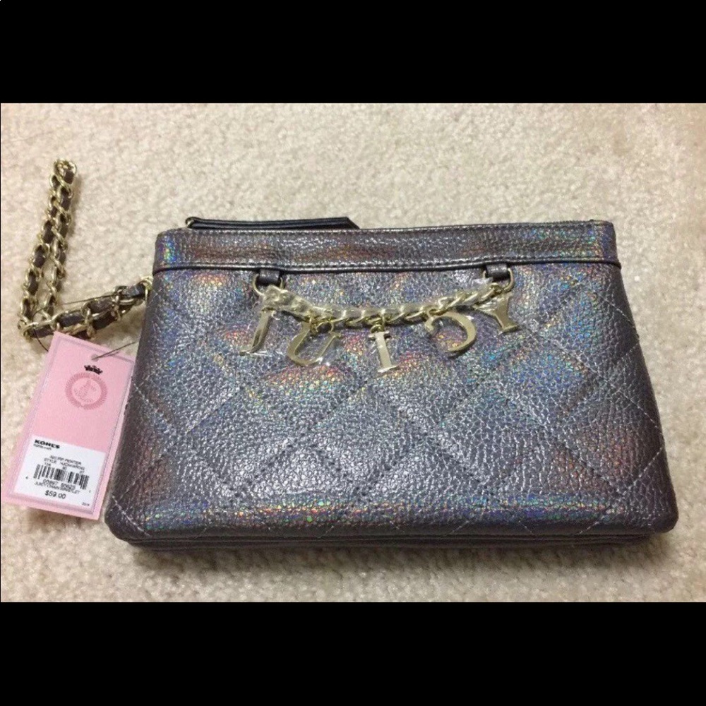 Juicy Couture Iridescent Pewter Quilted Chain Accent Logo Wristlet New w…